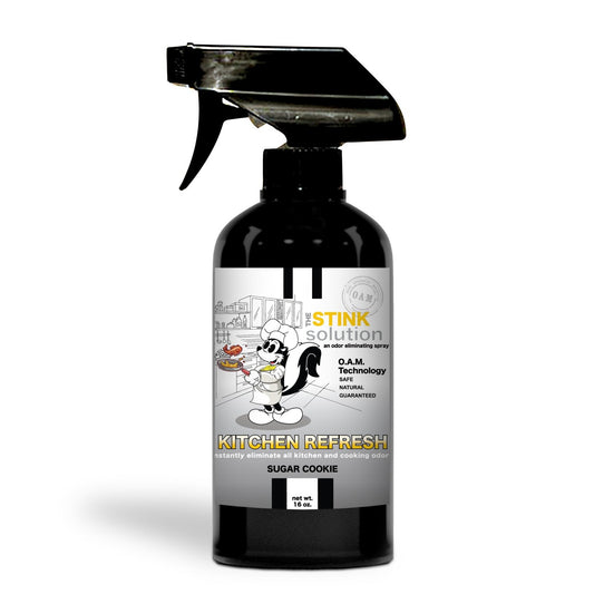 Kitchen Odor Eliminating Spray that gets rid of smells from cooking, fish, food, smoke, and more. It works on kitchen sinks, ovens, counters, and more. Safe, natural, non-toxic formula that works instantly.