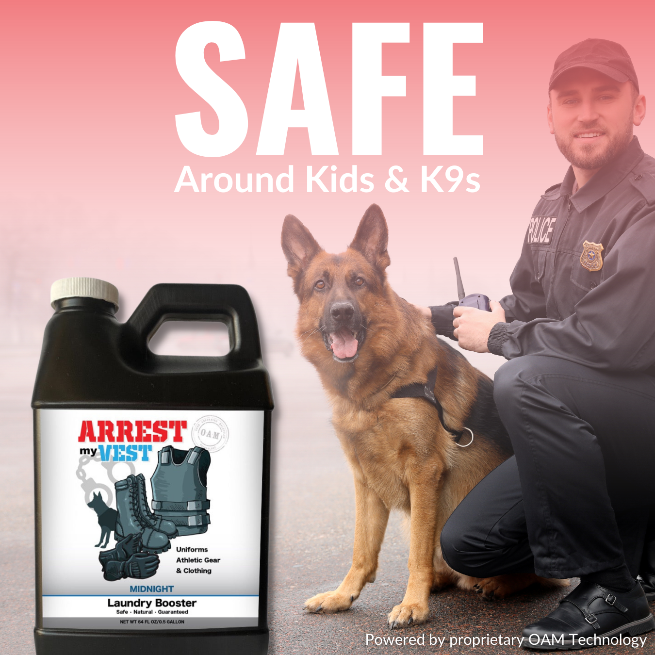 Natural Laundry Booster for Law Enforcement, Police Officers, & First Responders. Removes sweat and other foul odors from bulletproof vest, tactical gear, duty belts, boots, and more. Safe, non-toxic, enzyme-free formula.