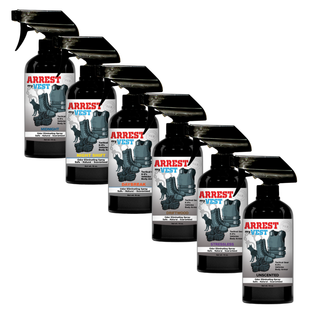 Natural Odor Eliminating Spray for Law Enforcement, Police Officers, & First Responders. Removes sweat and other foul odors from bulletproof vest, tactical gear, duty belts, boots, and more. Safe, non-toxic, enzyme-free formula.