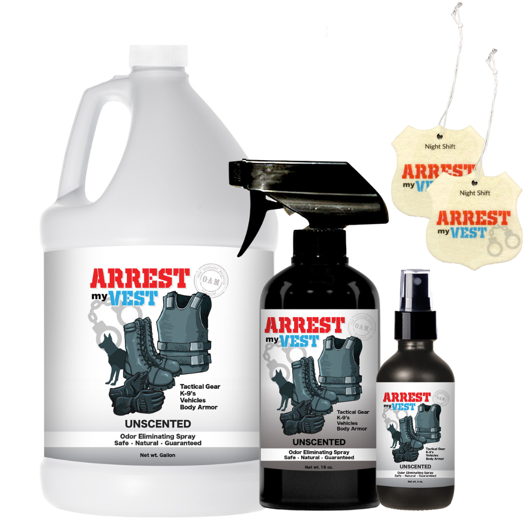 Odor Eliminating Spray in Gallon, 16 oz, 4 oz, and 2 Car Air Fresheners Bundle