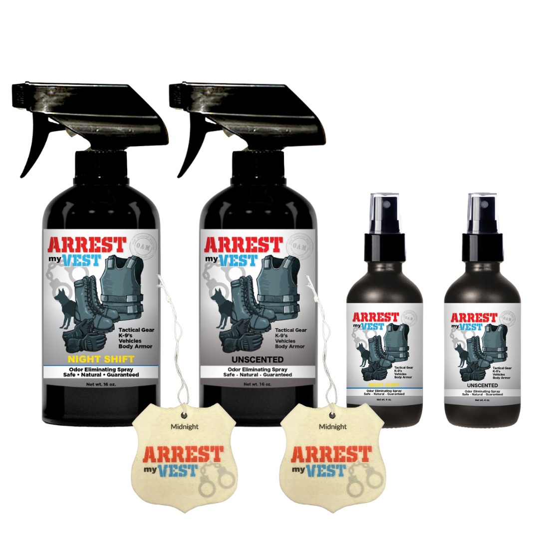 Natural Odor Eliminating Spray for Law Enforcement, Police Officers, & First Responders. Removes sweat and other foul odors from bulletproof vest, tactical gear, duty belts, boots, and more. Safe, non-toxic, enzyme-free formula.