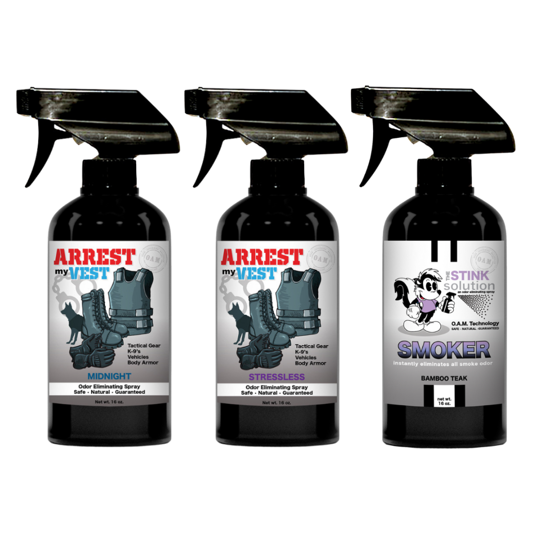 Natural Odor Eliminating Spray for Law Enforcement, Police Officers, & First Responders. Removes sweat and other foul odors from bulletproof vest, tactical gear, duty belts, boots, and more. Safe, non-toxic, enzyme-free formula.