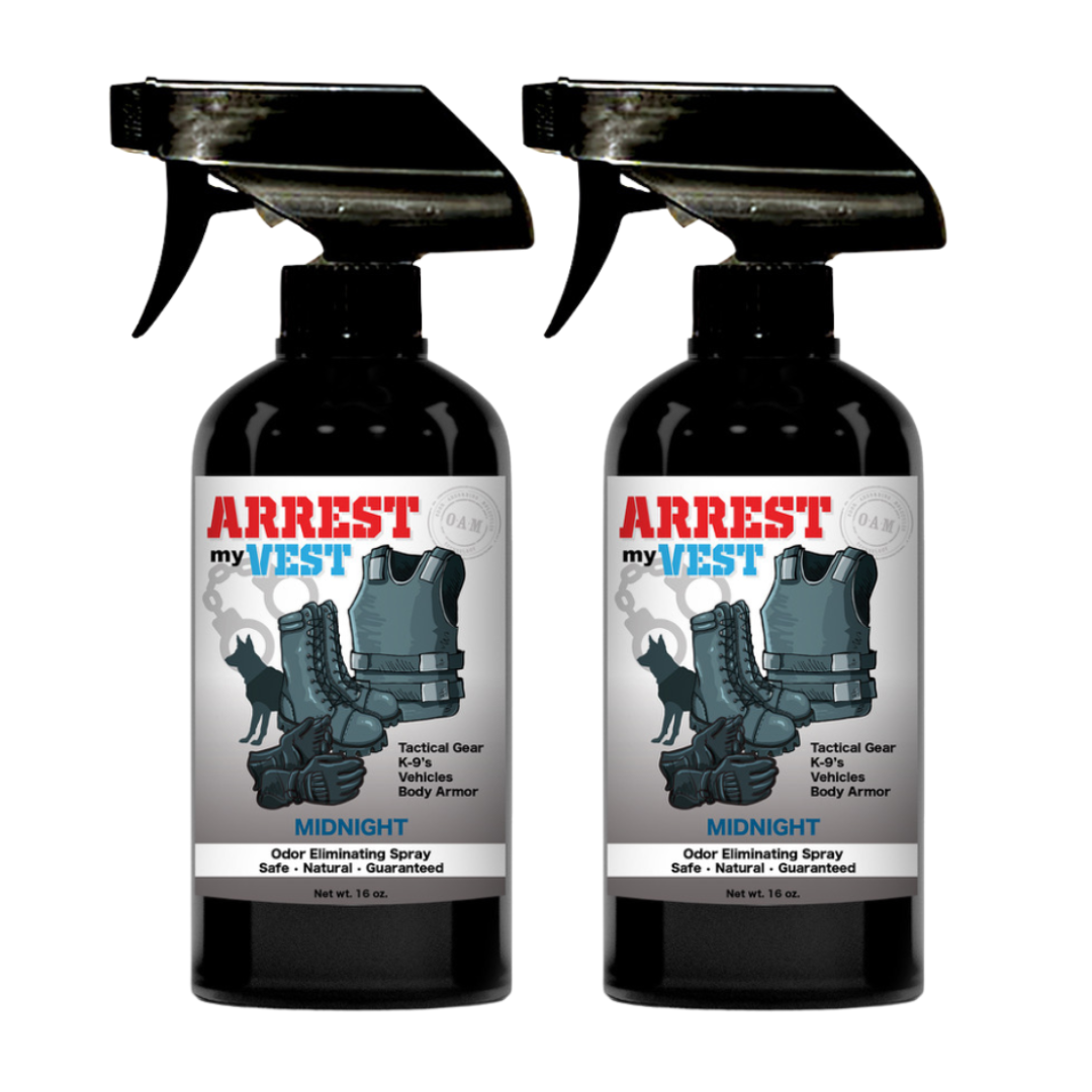 Natural Odor Eliminating Spray for Law Enforcement, Police Officers, & First Responders. Removes sweat and other foul odors from bulletproof vest, tactical gear, duty belts, boots, and more. Safe, non-toxic, enzyme-free formula.