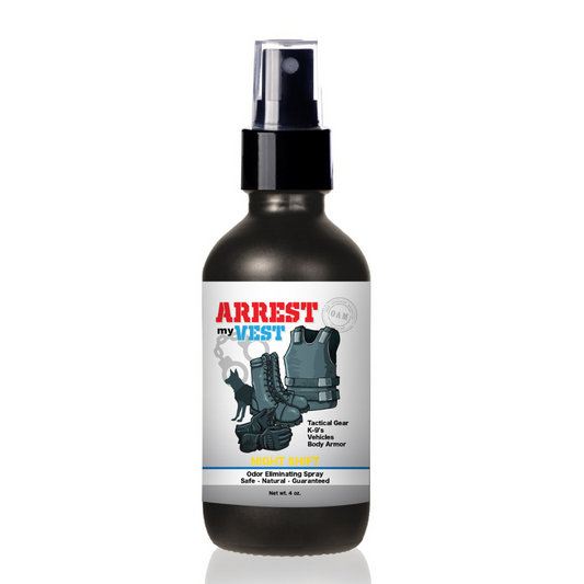 Natural Odor Eliminating Spray for Law Enforcement, Police Officers, & First Responders. Removes sweat and other foul odors from bulletproof vest, tactical gear, duty belts, boots, and more. Safe, non-toxic, enzyme-free formula.