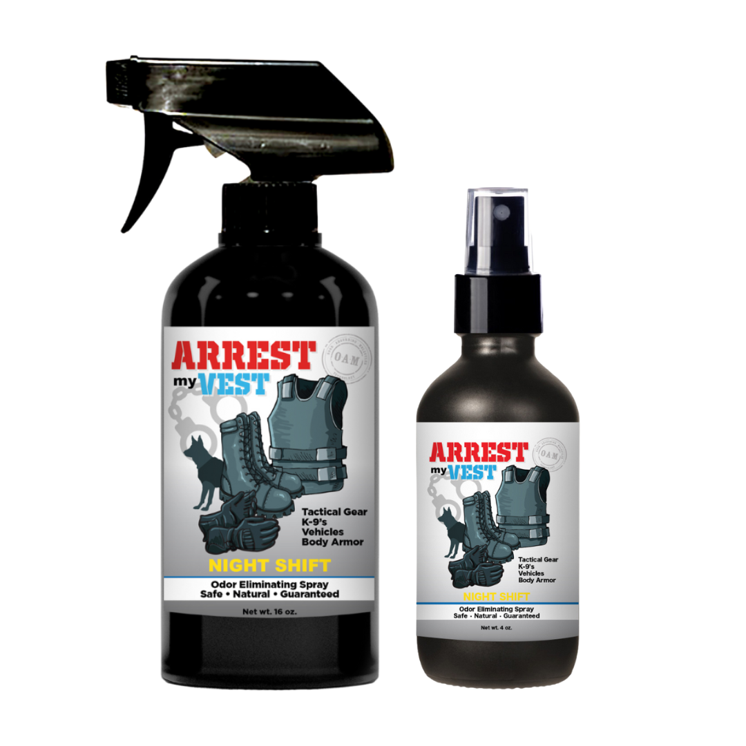 Natural Odor Eliminating Spray for Law Enforcement, Police Officers, & First Responders. Removes sweat and other foul odors from bulletproof vest, tactical gear, duty belts, boots, and more. Safe, non-toxic, enzyme-free formula.