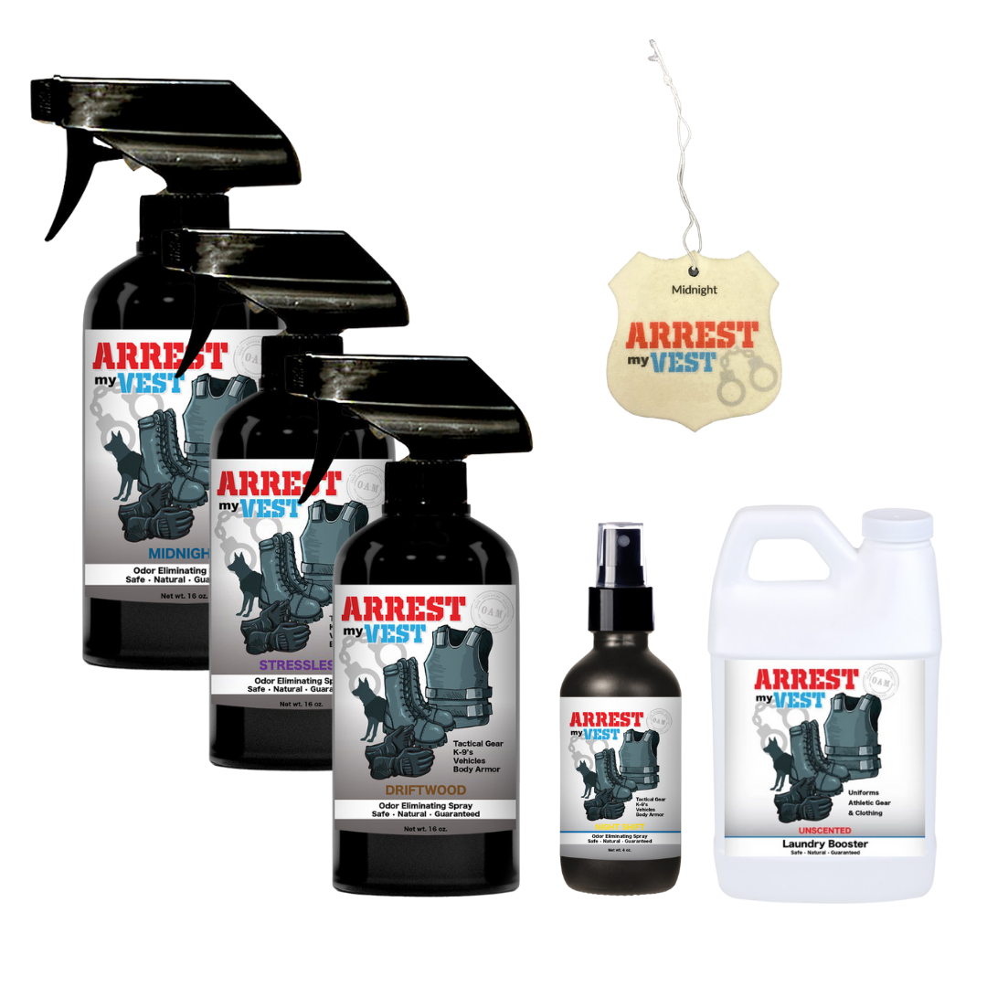 Natural Odor Eliminating Spray for Law Enforcement, Police Officers, & First Responders. Removes sweat and other foul odors from bulletproof vest, tactical gear, duty belts, boots, and more. Safe, non-toxic, enzyme-free formula.