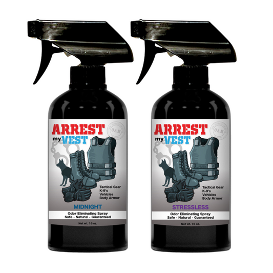 Natural Odor Eliminating Spray for Law Enforcement, Police Officers, & First Responders. Removes sweat and other foul odors from bulletproof vest, tactical gear, duty belts, boots, and more. Safe, non-toxic, enzyme-free formula.