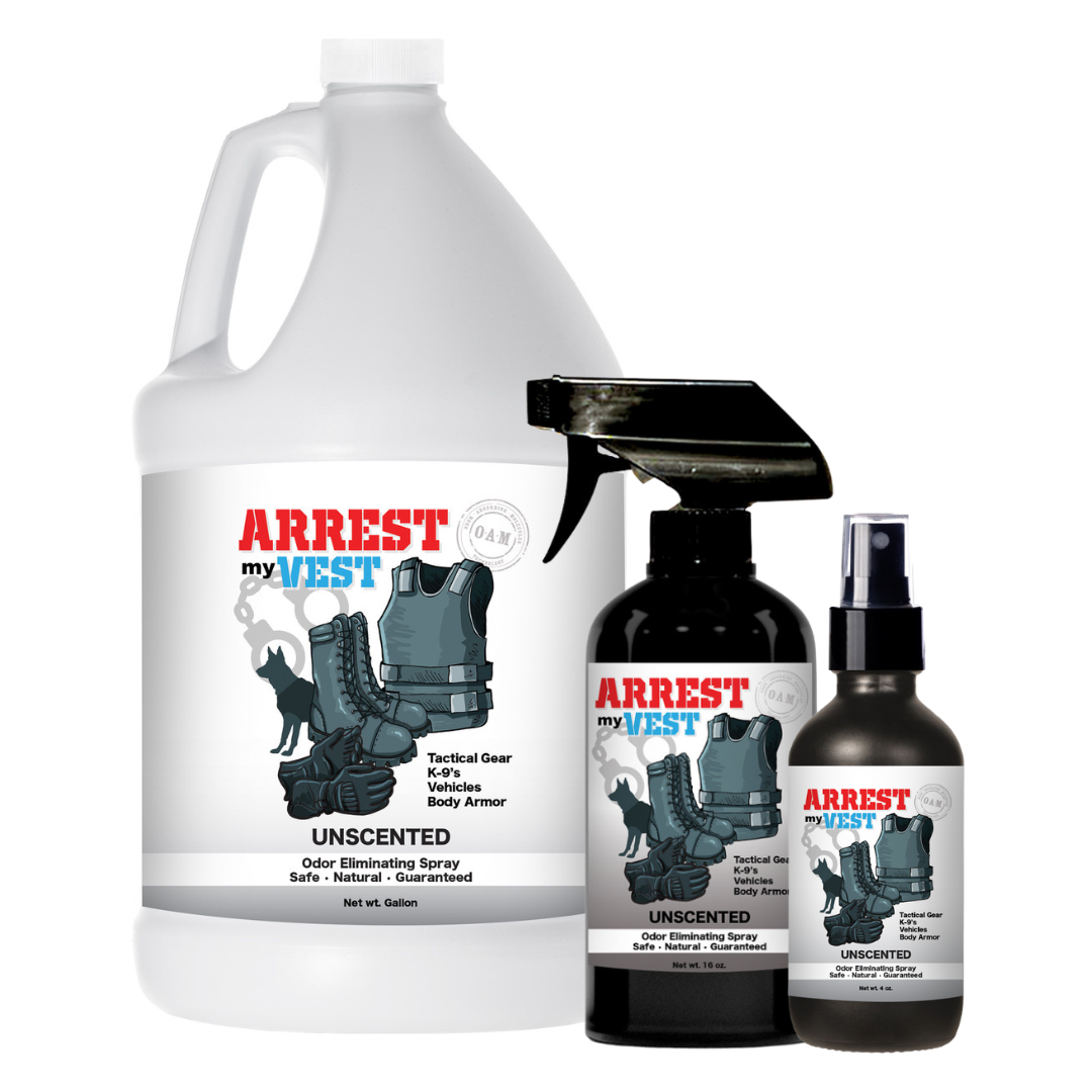 Natural Odor Eliminating Spray for Law Enforcement, Police Officers, & First Responders. Removes sweat and other foul odors from bulletproof vest, tactical gear, duty belts, boots, and more. Safe, non-toxic, enzyme-free formula.