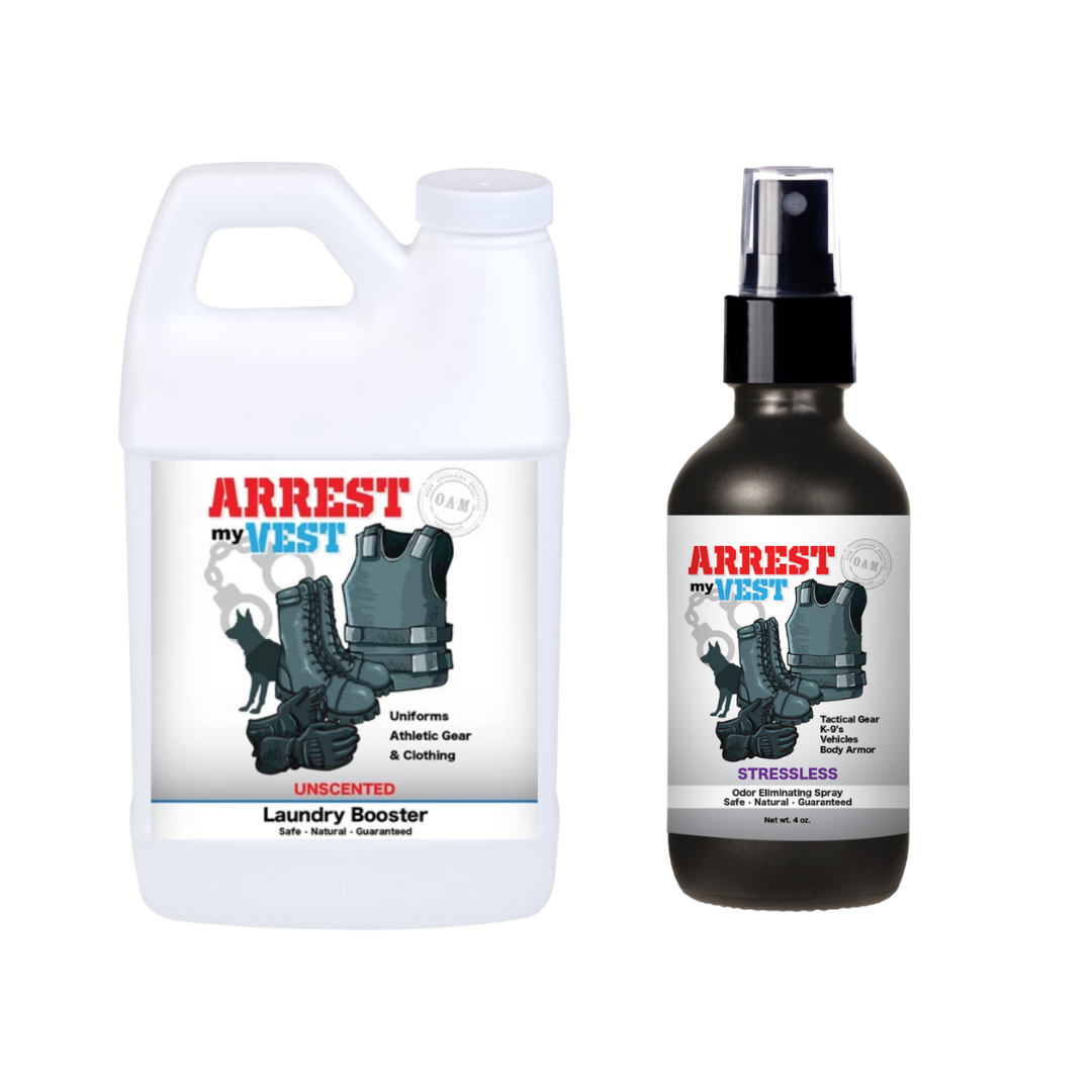 Natural Odor Eliminating Spray for Law Enforcement, Police Officers, & First Responders. Removes sweat and other foul odors from bulletproof vest, tactical gear, duty belts, boots, and more. Safe, non-toxic, enzyme-free formula.