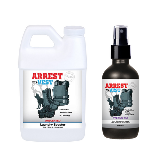 Natural Odor Eliminating Spray for Law Enforcement, Police Officers, & First Responders. Removes sweat and other foul odors from bulletproof vest, tactical gear, duty belts, boots, and more. Safe, non-toxic, enzyme-free formula.