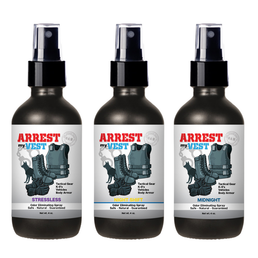 Natural Odor Eliminating Spray for Law Enforcement, Police Officers, & First Responders. Removes sweat and other foul odors from bulletproof vest, tactical gear, duty belts, boots, and more. Safe, non-toxic, enzyme-free formula.