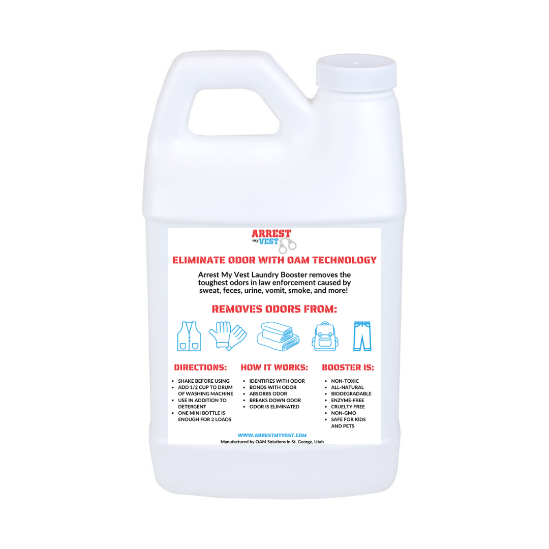 Natural Laundry Booster for Law Enforcement, Police Officers, & First Responders. Removes sweat and other foul odors from bulletproof vest, tactical gear, duty belts, boots, and more. Safe, non-toxic, enzyme-free formula.