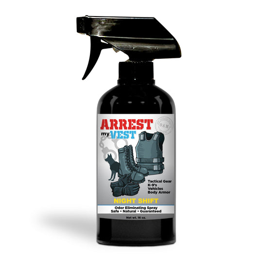 Natural Odor Eliminating Spray for Law Enforcement, Police Officers, & First Responders. Removes sweat and other foul odors from bulletproof vest, tactical gear, duty belts, boots, and more. Safe, non-toxic, enzyme-free formula.