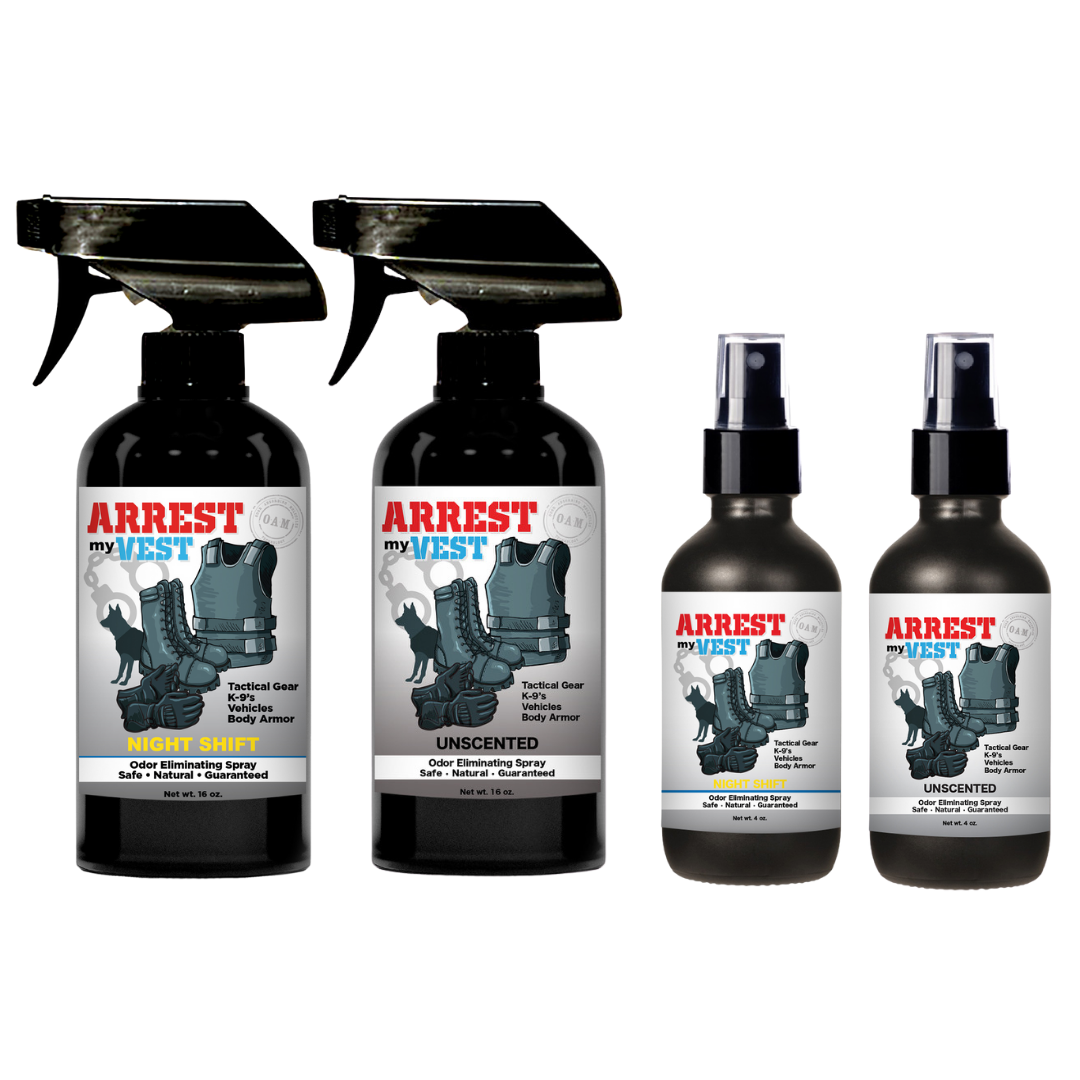 Natural Odor Eliminating Spray for Law Enforcement, Police Officers, & First Responders. Removes sweat and other foul odors from bulletproof vest, tactical gear, duty belts, boots, and more. Safe, non-toxic, enzyme-free formula.