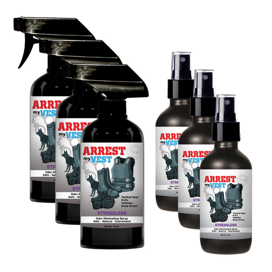 Natural Odor Eliminating Spray for Law Enforcement, Police Officers, & First Responders. Removes sweat and other foul odors from bulletproof vest, tactical gear, duty belts, boots, and more. Safe, non-toxic, enzyme-free formula.