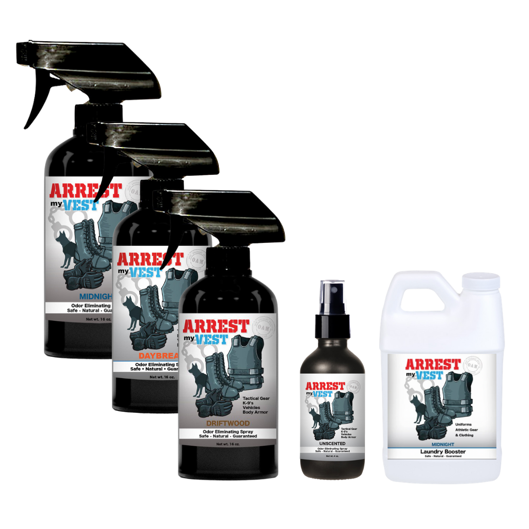 Natural Odor Eliminating Spray for Law Enforcement, Police Officers, & First Responders. Removes sweat and other foul odors from bulletproof vest, tactical gear, duty belts, boots, and more. Safe, non-toxic, enzyme-free formula.