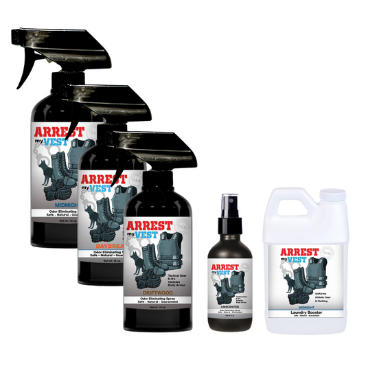 Natural Odor Eliminating Spray for Law Enforcement, Police Officers, & First Responders. Removes sweat and other foul odors from bulletproof vest, tactical gear, duty belts, boots, and more. Safe, non-toxic, enzyme-free formula.