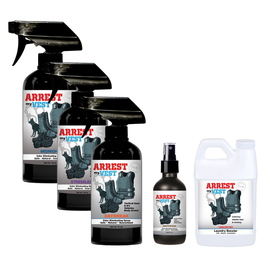 Buy 3 Get Sample Bundle FREE - Midnight (16 oz), Daybreak (16 oz), Stressless (16 oz), Driftwood (4 oz), + Unscented Mini Laundry Booster Natural Odor Eliminating Spray for Law Enforcement, Police Officers, & First Responders. Removes sweat and other foul odors from bulletproof vest, tactical gear, duty belts, boots, and more. Safe, non-toxic, enzyme-free formula.