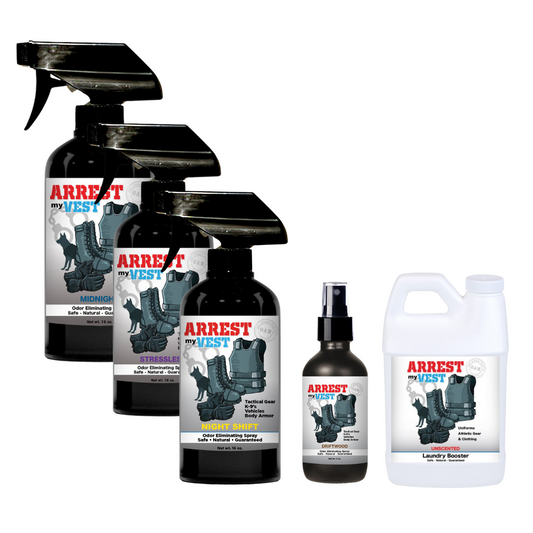 Natural Odor Eliminating Spray for Law Enforcement, Police Officers, & First Responders. Removes sweat and other foul odors from bulletproof vest, tactical gear, duty belts, boots, and more. Safe, non-toxic, enzyme-free formula.