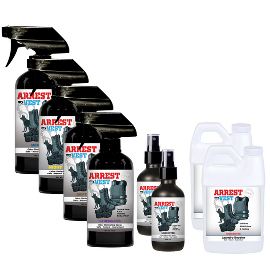 Natural Odor Eliminating Spray for Law Enforcement, Police Officers, & First Responders. Removes sweat and other foul odors from bulletproof vest, tactical gear, duty belts, boots, and more. Safe, non-toxic, enzyme-free formula.