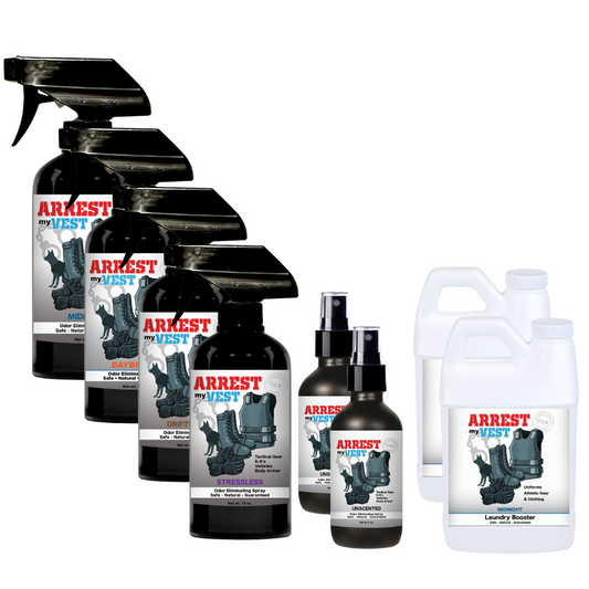 Buy 4 Get Super Sample Bundle FREE - 1 Midnight (16 oz), 1 Stressless (16 oz), 1 Driftwood (16 oz), 1 Daybreak (16 oz), 2 Unscented (4 oz), + 2 Midnight Mini Laundry Booster. Natural Odor Eliminating Spray for Law Enforcement, Police Officers, & First Responders. Removes sweat and other foul odors from bulletproof vest, tactical gear, duty belts, boots, and more. Safe, non-toxic, enzyme-free formula.