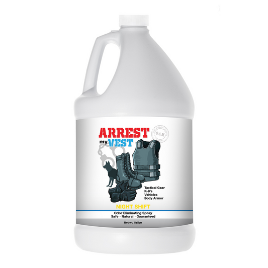 Natural Odor Eliminating Spray for Law Enforcement, Police Officers, & First Responders. Removes sweat and other foul odors from bulletproof vest, tactical gear, duty belts, boots, and more. Safe, non-toxic, enzyme-free formula.