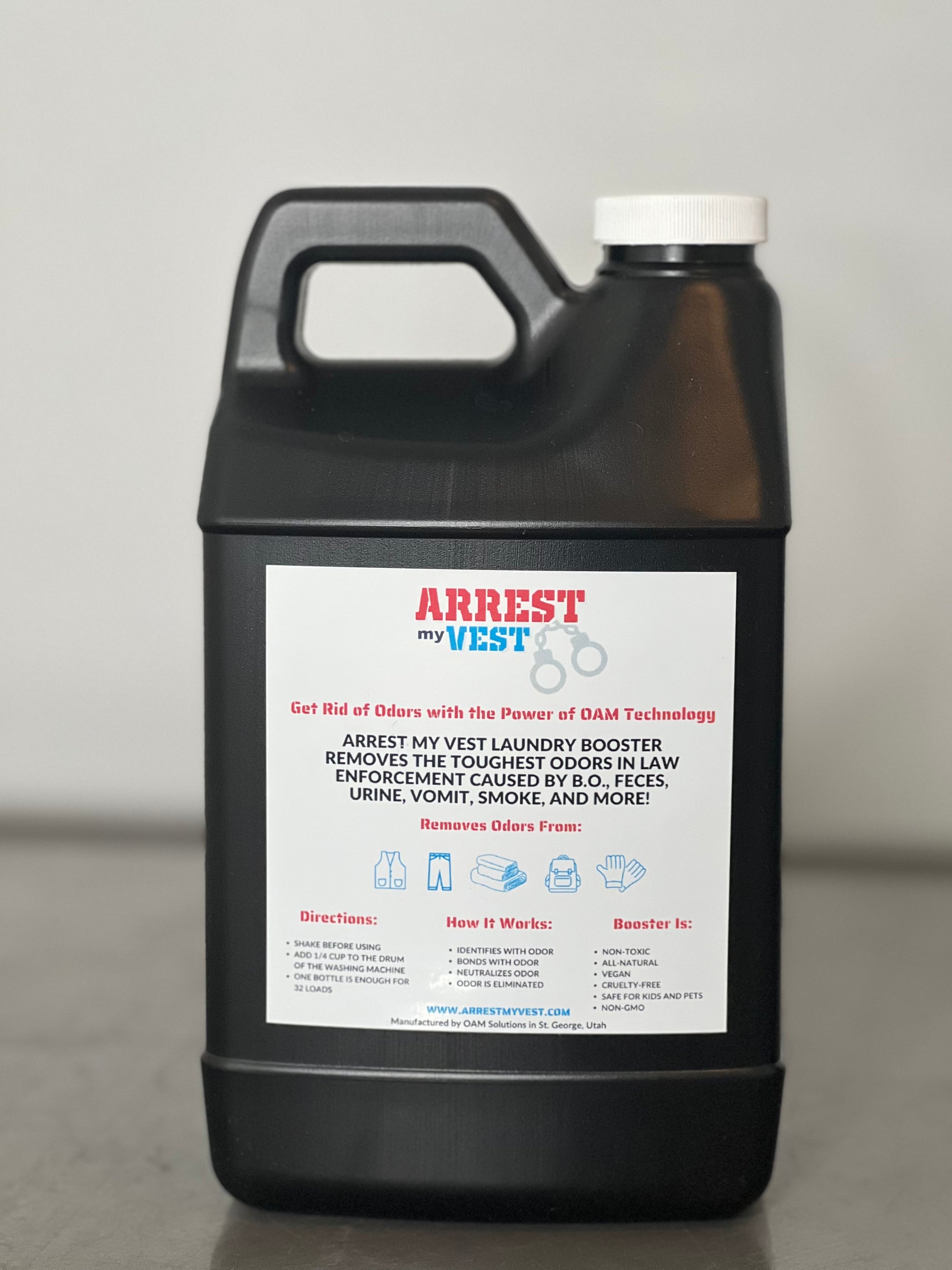 Natural Laundry Booster for Law Enforcement, Police Officers, & First Responders. Removes sweat and other foul odors from bulletproof vest, tactical gear, duty belts, boots, and more. Safe, non-toxic, enzyme-free formula.