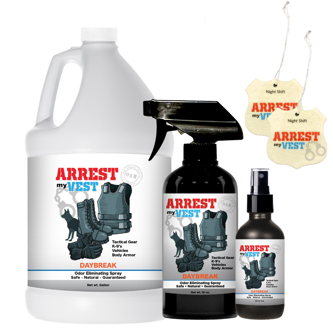 Odor Eliminating Spray in Gallon, 16 oz, 4 oz, and 2 Car Air Fresheners Bundle