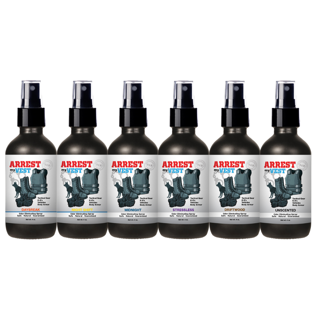 Natural Odor Eliminating Spray for Law Enforcement, Police Officers, & First Responders. Removes sweat and other foul odors from bulletproof vest, tactical gear, duty belts, boots, and more. Safe, non-toxic, enzyme-free formula.