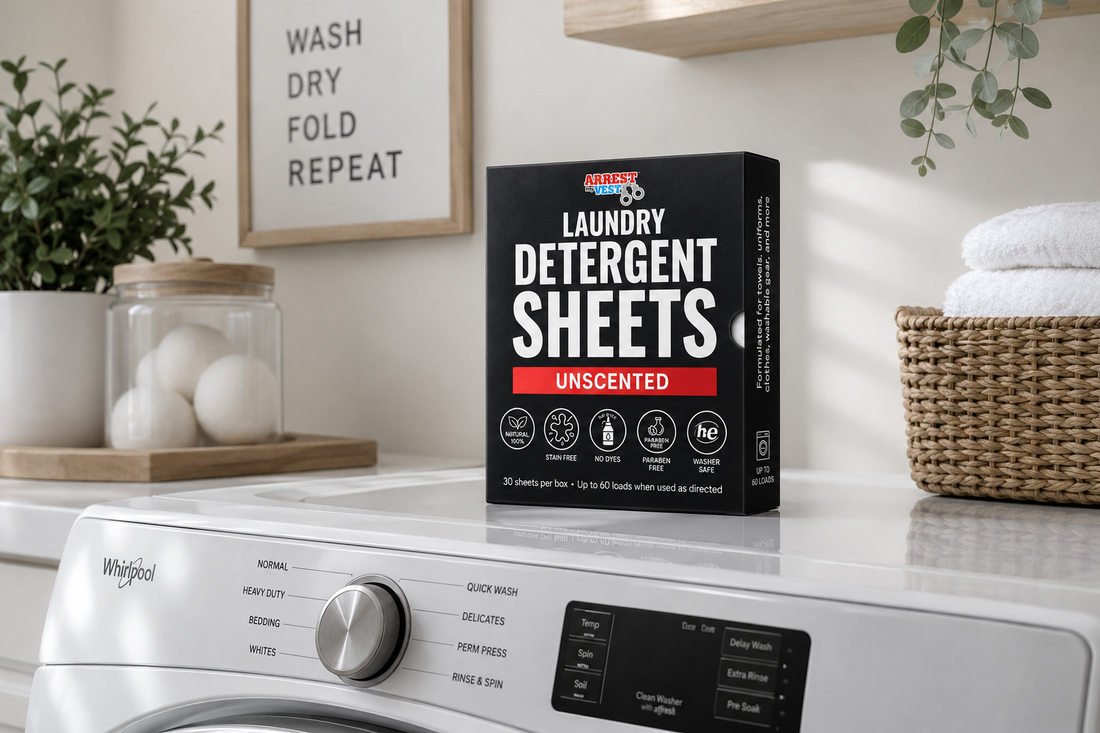 laundry detergent sheets, plastic free laundry detergent, detergent sheets for uniforms, laundry sheets for work clothes