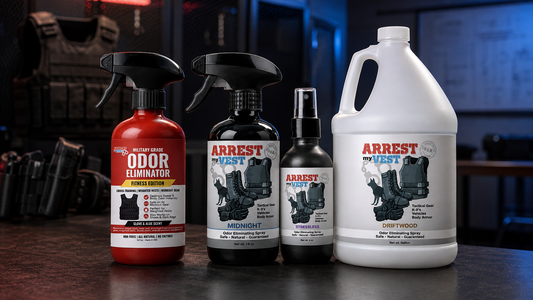 tactical gear odor eliminator, bulletproof vest spray, body armor deodorizer, odor eliminator for police, duty gear odor spray, gallon odor eliminator refill