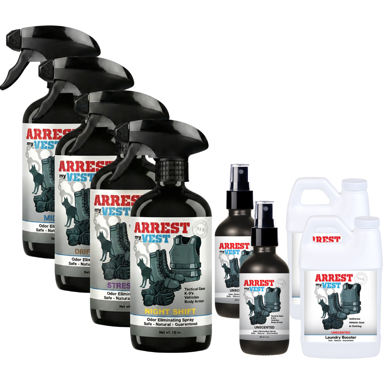 Buy 4 Get Super Sample Bundle FREE - 1 Midnight (16 oz), 1 Stressless (16 oz), 1 Driftwood (16 oz), 1 Night Shift (16 oz), 2 Unscented (4 oz), + 2 Unscented Mini Laundry Booster | Odor Eliminating Spray