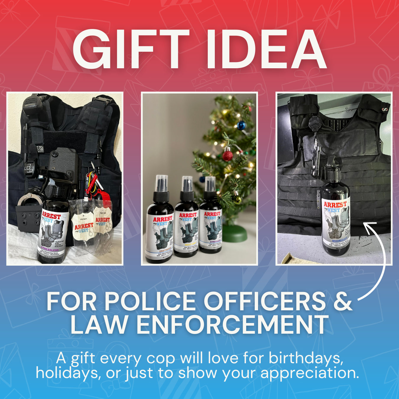 Natural Odor Eliminating Spray for Law Enforcement, Police Officers, & First Responders. Removes sweat and other foul odors from bulletproof vest, tactical gear, duty belts, boots, and more. Safe, non-toxic, enzyme-free formula. Police officer gift ideas. Cop gifts. Police gifts.