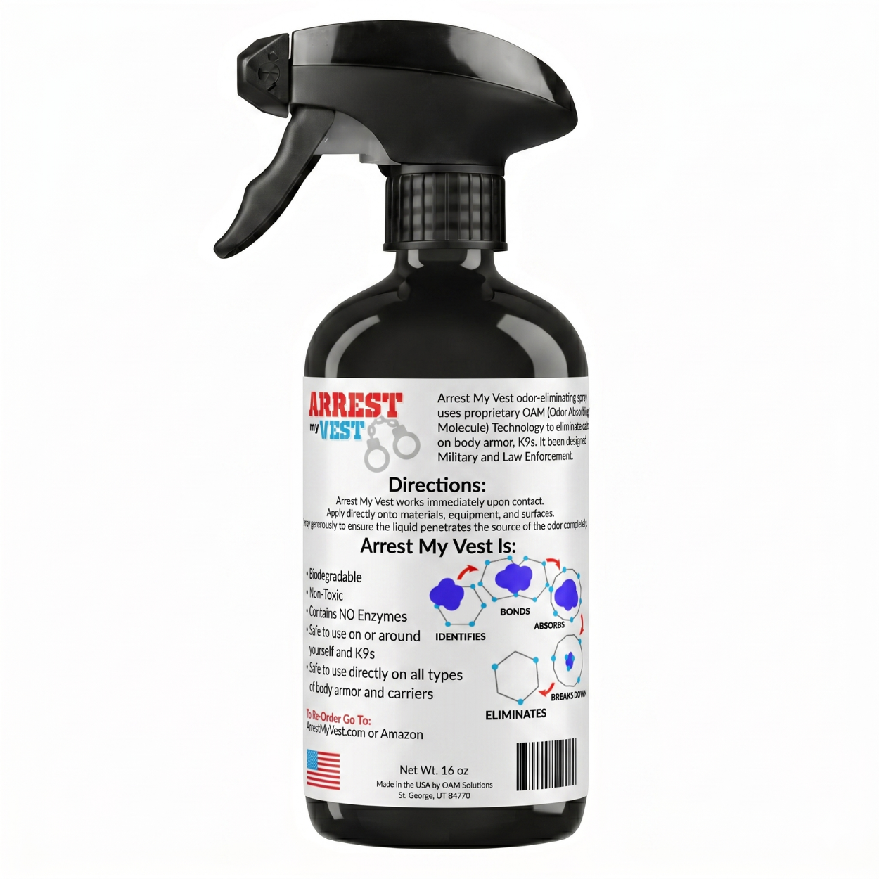Arrest My Vest odor eliminator spray for police body armor and tactical gear eliminates sweat and other odors