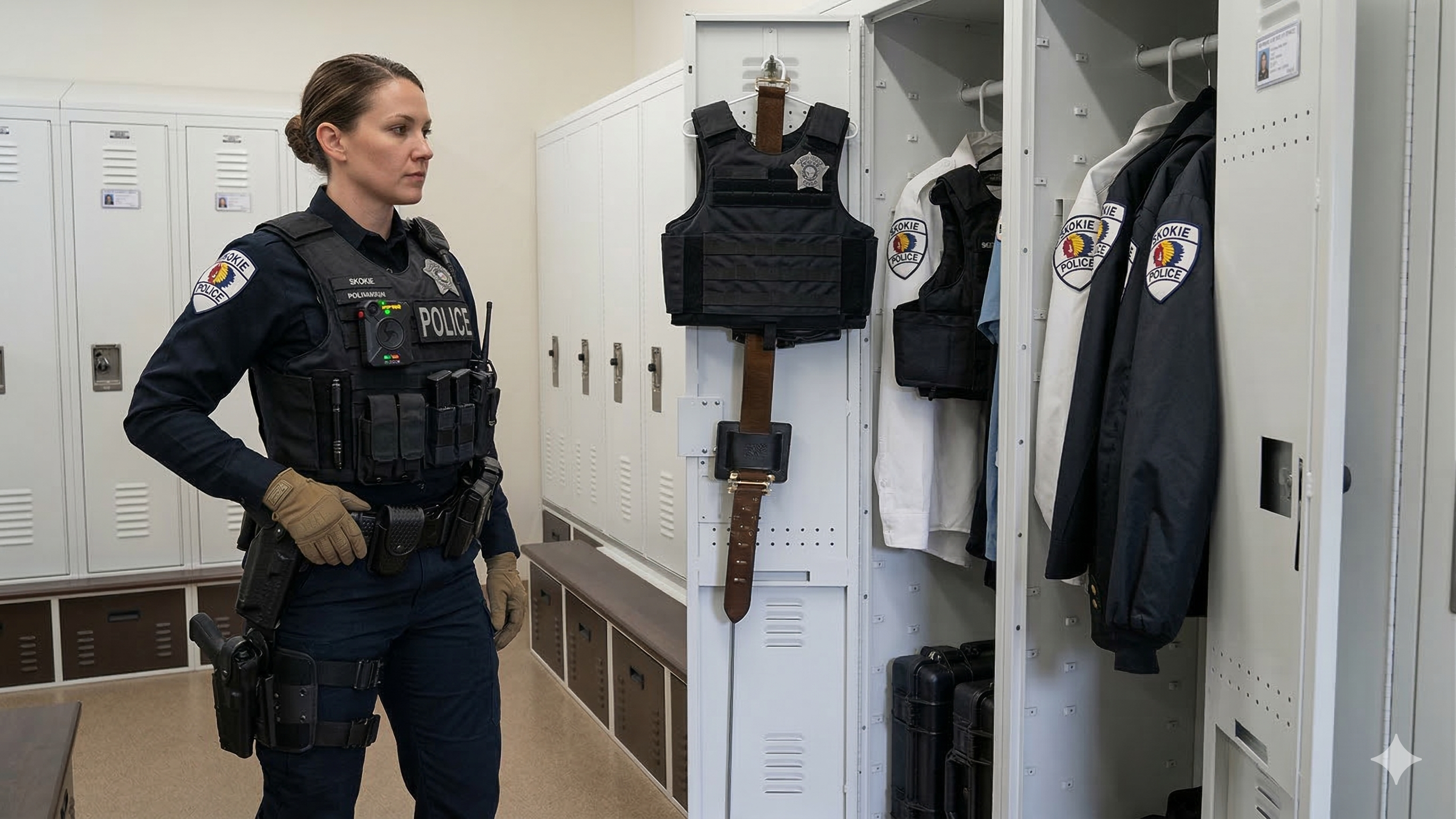 Police officer standing in a locker room with tactical gear