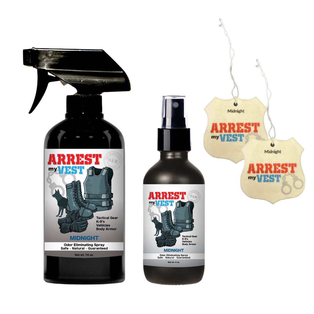 Natural Odor Eliminating Spray for Law Enforcement, Police Officers, & First Responders. Removes sweat and other foul odors from bulletproof vest, tactical gear, duty belts, boots, and more. Safe, non-toxic, enzyme-free formula.