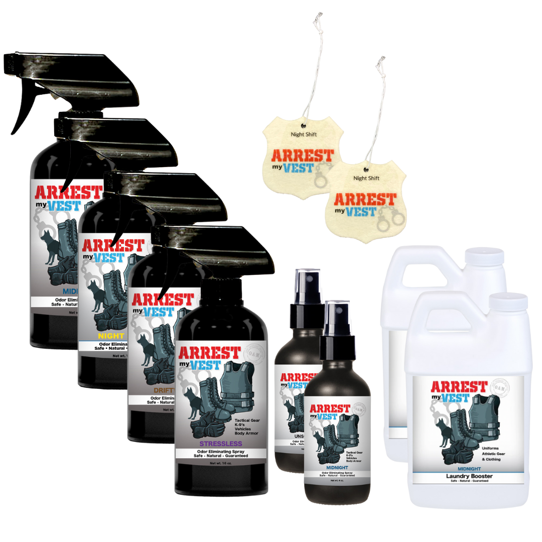 Natural Odor Eliminating Spray for Law Enforcement, Police Officers, & First Responders. Removes sweat and other foul odors from bulletproof vest, tactical gear, duty belts, boots, and more. Safe, non-toxic, enzyme-free formula.