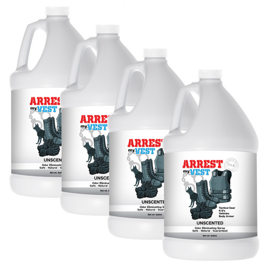 Natural Odor Eliminating Spray for Law Enforcement, Police Officers, & First Responders. Removes sweat and other foul odors from bulletproof vest, tactical gear, duty belts, boots, and more. Safe, non-toxic, enzyme-free formula.