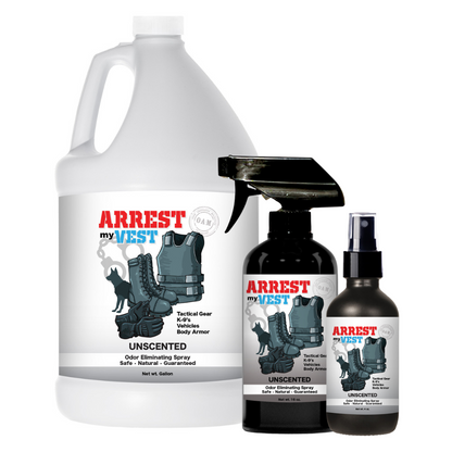 Natural Odor Eliminating Spray for Law Enforcement, Police Officers, & First Responders. Removes sweat and other foul odors from bulletproof vest, tactical gear, duty belts, boots, and more. Safe, non-toxic, enzyme-free formula.