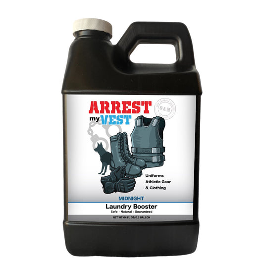 Natural Laundry Booster for Law Enforcement, Police Officers, & First Responders. Removes sweat and other foul odors from bulletproof vest, tactical gear, duty belts, boots, and more. Safe, non-toxic, enzyme-free formula.