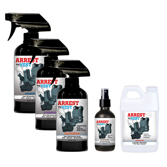 Buy 3 Get Sample Bundle FREE - Midnight (16 oz), Daybreak (16 oz), Stressless (16 oz), Driftwood (4 oz), + Unscented Mini Laundry Booster Natural Odor Eliminating Spray for Law Enforcement, Police Officers, & First Responders. Removes sweat and other foul odors from bulletproof vest, tactical gear, duty belts, boots, and more. Safe, non-toxic, enzyme-free formula.