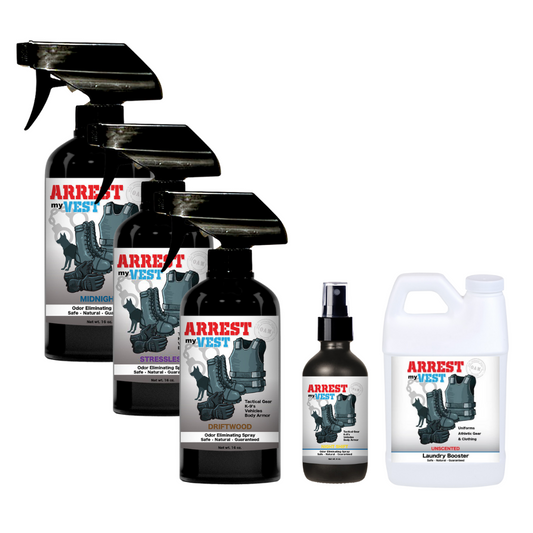 Natural Odor Eliminating Spray for Law Enforcement, Police Officers, & First Responders. Removes sweat and other foul odors from bulletproof vest, tactical gear, duty belts, boots, and more. Safe, non-toxic, enzyme-free formula.