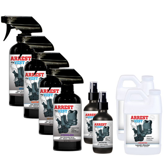 Buy 4 Get Super Sample Bundle FREE - 1 Midnight (16 oz), 1 Stressless (16 oz), 1 Driftwood (16 oz), 1 Daybreak (16 oz), 2 Unscented (4 oz), + 2 Unscented Mini Laundry Booster  Natural Odor Eliminating Spray for Law Enforcement, Police Officers, & First Responders. Removes sweat and other foul odors from bulletproof vest, tactical gear, duty belts, boots, and more. Safe, non-toxic, enzyme-free formula.