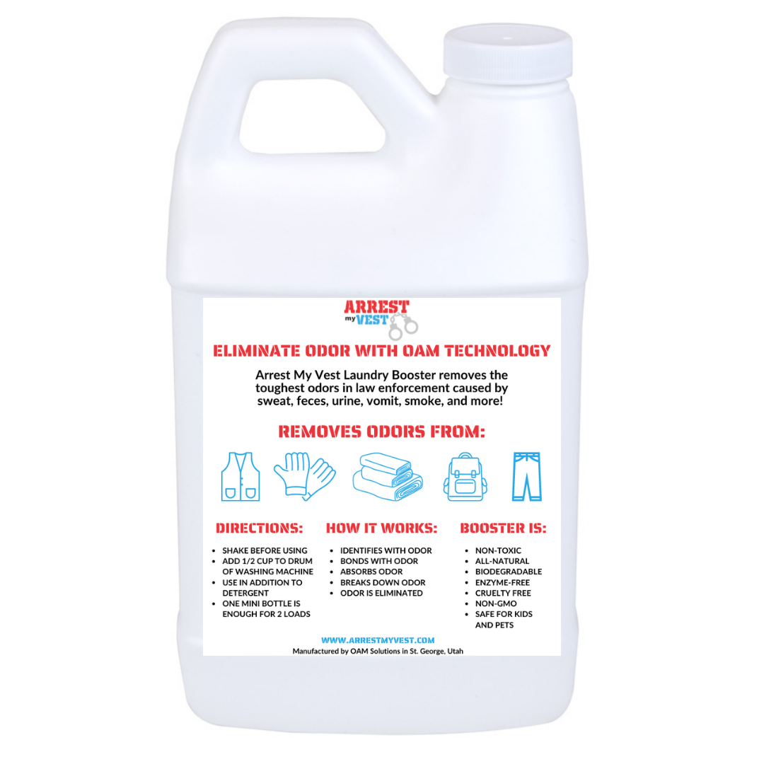 Natural Odor Eliminating Spray for Law Enforcement, Police Officers, & First Responders. Removes sweat and other foul odors from bulletproof vest, tactical gear, duty belts, boots, and more. Safe, non-toxic, enzyme-free formula.