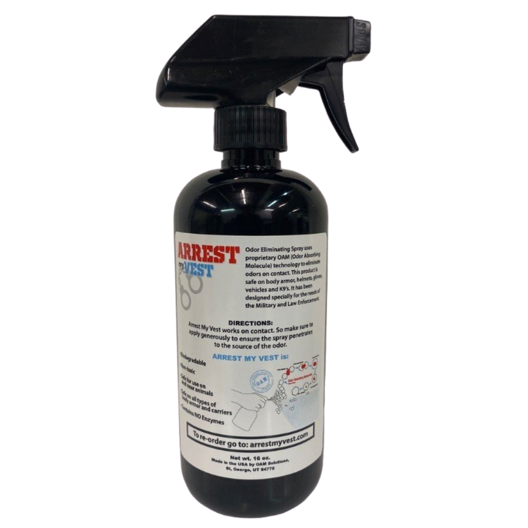 Natural Odor Eliminating Spray for Law Enforcement, Police Officers, & First Responders. Removes sweat and other foul odors from bulletproof vest, tactical gear, duty belts, boots, and more. Safe, non-toxic, enzyme-free formula.